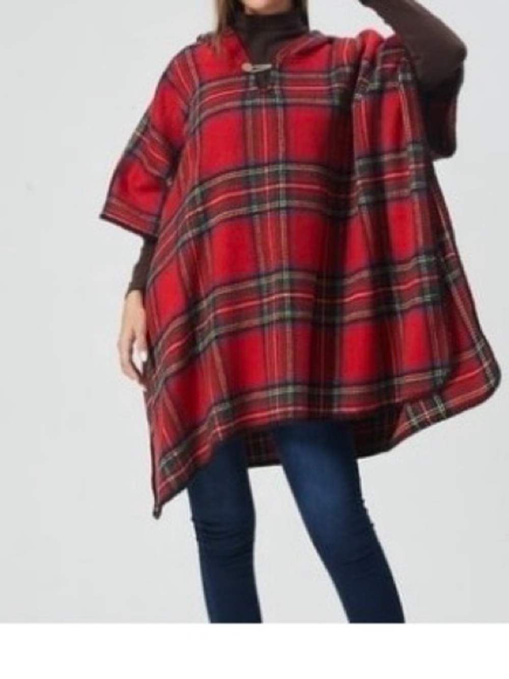 Red Plaid Poncho Cape Sweater - Women